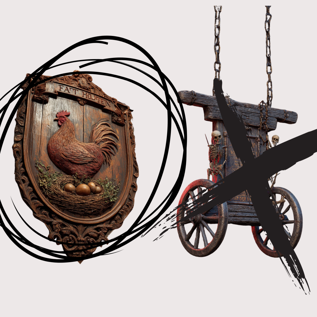 2 An image of tavern signs one crossed out as an example of where not to stay by dacius threign of the silvercrest champions' guild