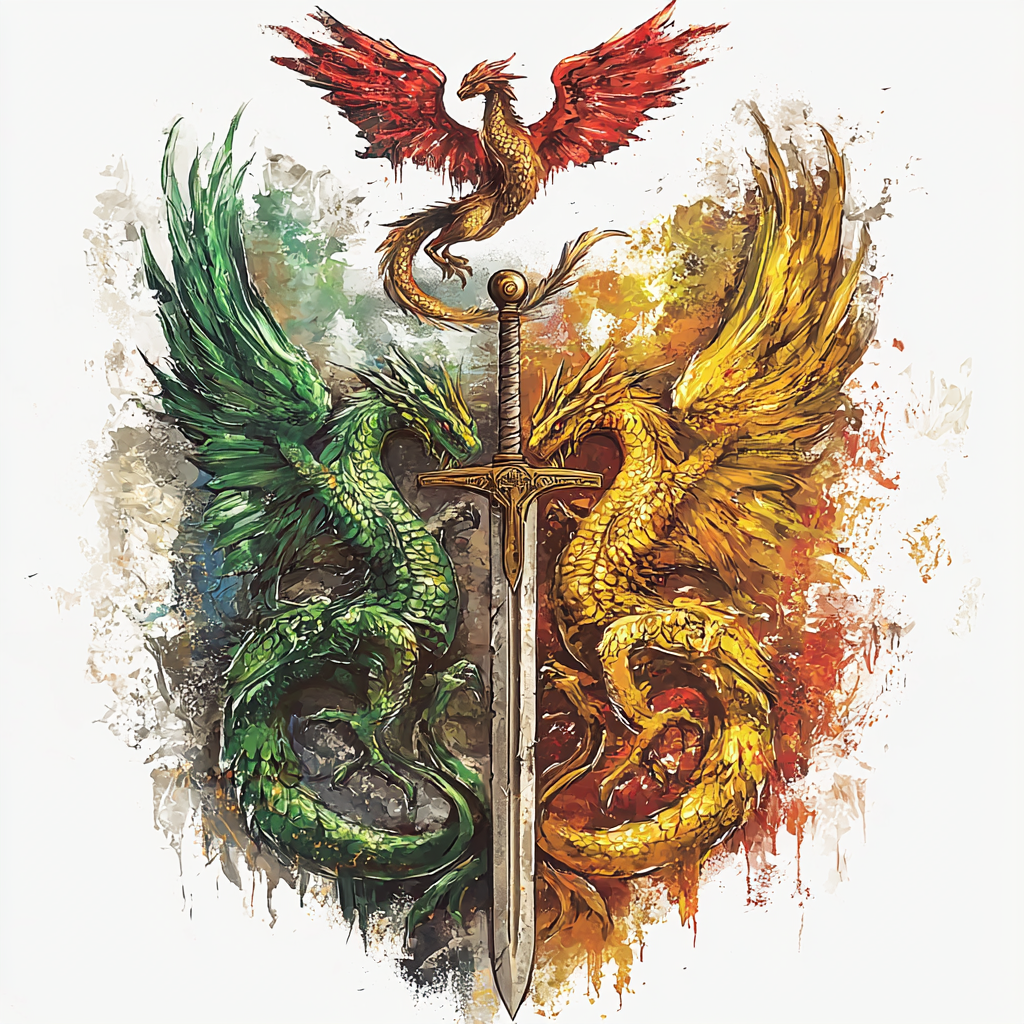 Silvercrest Champions' Guild 3D Heraldic Emblem - Dimensional Green and Gold Dragons Embracing Sword with Red Phoenix Above