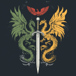 "Silvercrest Champions' Guild Heraldic Emblem - Green and Gold Dragons Embracing Sword with Red Phoenix Perched Above