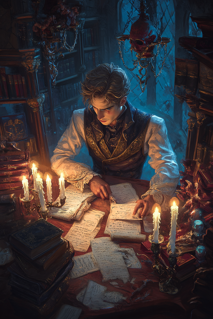 Francis working diligently at his desk, quill in hand, immersed in writing within the Champions Guild setting