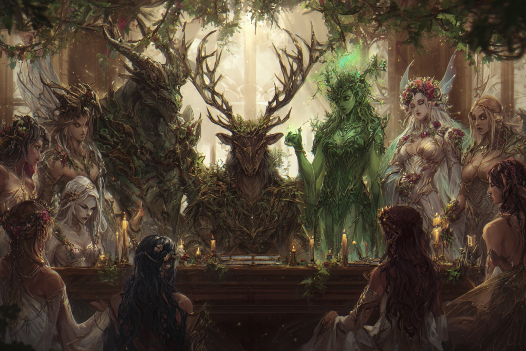 Forestfolk gathered together having a council