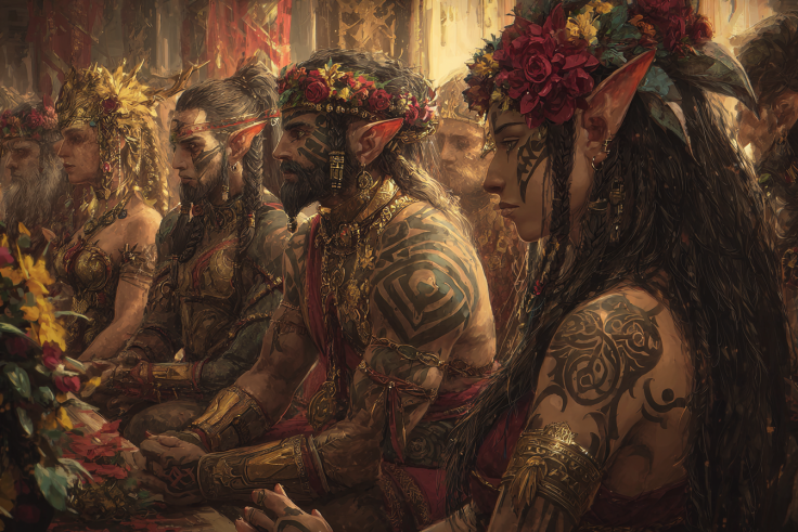 Kithfolk with their history tattoed on their skin gathered for storytelling