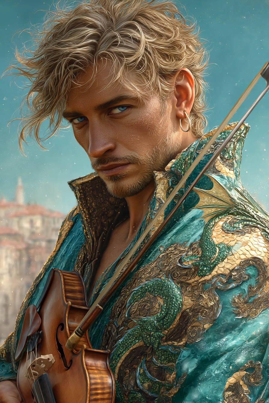 reginald relaxing by the seaside playing the violin